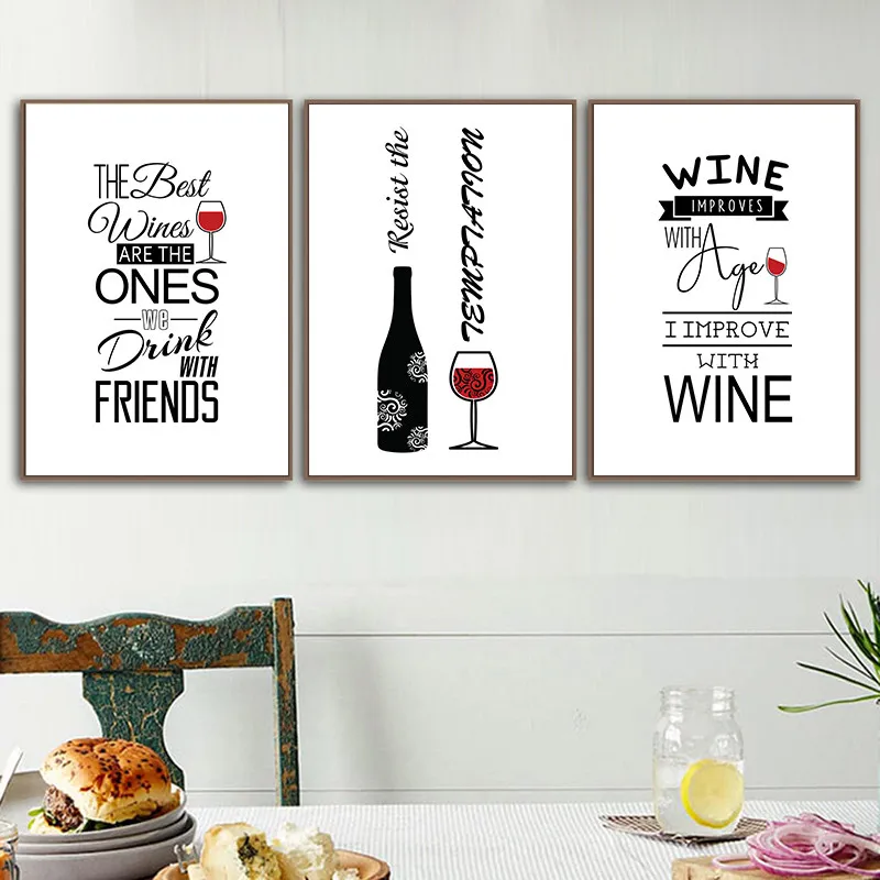

New Year Drink Wine Wall Art Canvas Painting Black White Letters Quote Art Poster and Print Picture for Living Room Home Decor