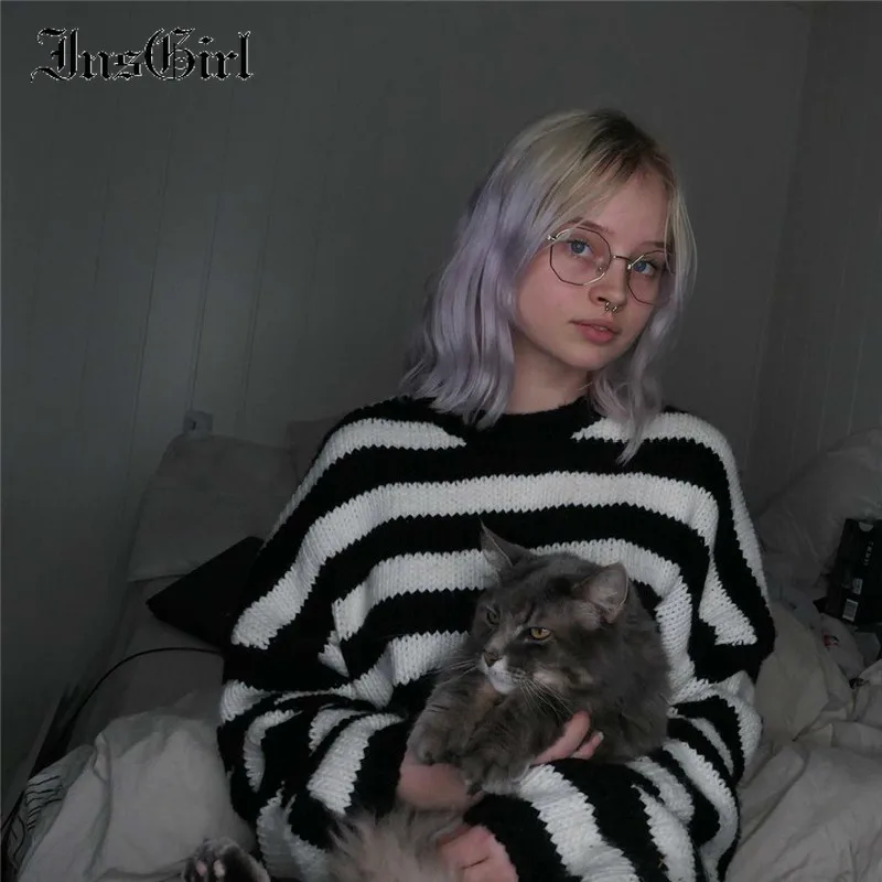 Женский винтажный Готический свитер в черно-белую полоску с длинным рукавом и