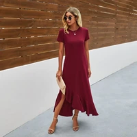 tremu o neck cotton knitted dress shirt for women 2021 summer asymmetrical ruffle solid casual loose long maxi dresses