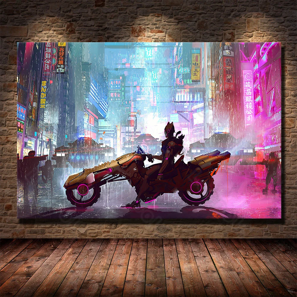

Modern Style Murals Cyberpunk Robot Motorcycle Frameles Poster Home Residential Bedroom Decoration Living Room Canvas Painting