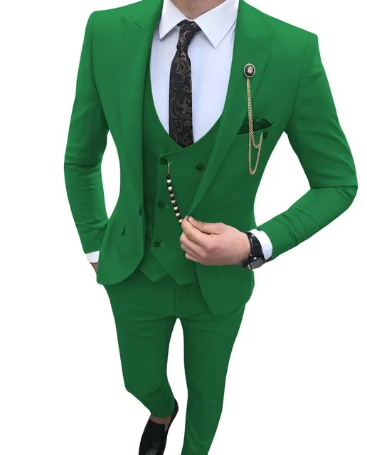 green Мужской костюм, приталенный, 3 предмета, королевский синий, Повседневный, выпускной, смокинг, жених, остроконечный, с отворотом, Деловой, для свадьбы, костюмы для мужчин(Блейзер+ жилет+ брюки - Цвет: green