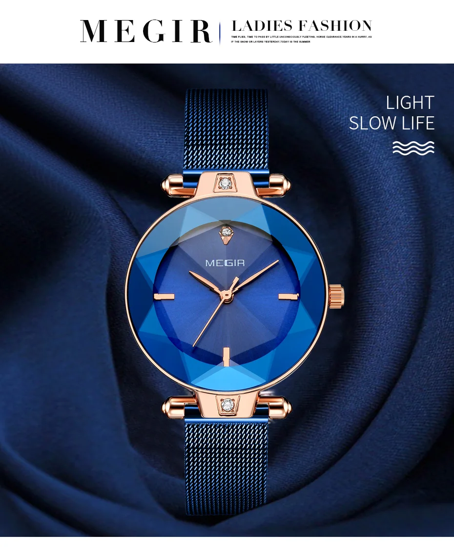 MEGIR роскошные женские часы Reloj Mujer синие сетчатые часы из нержавеющей стали элегантные женские часы-браслет женские часы