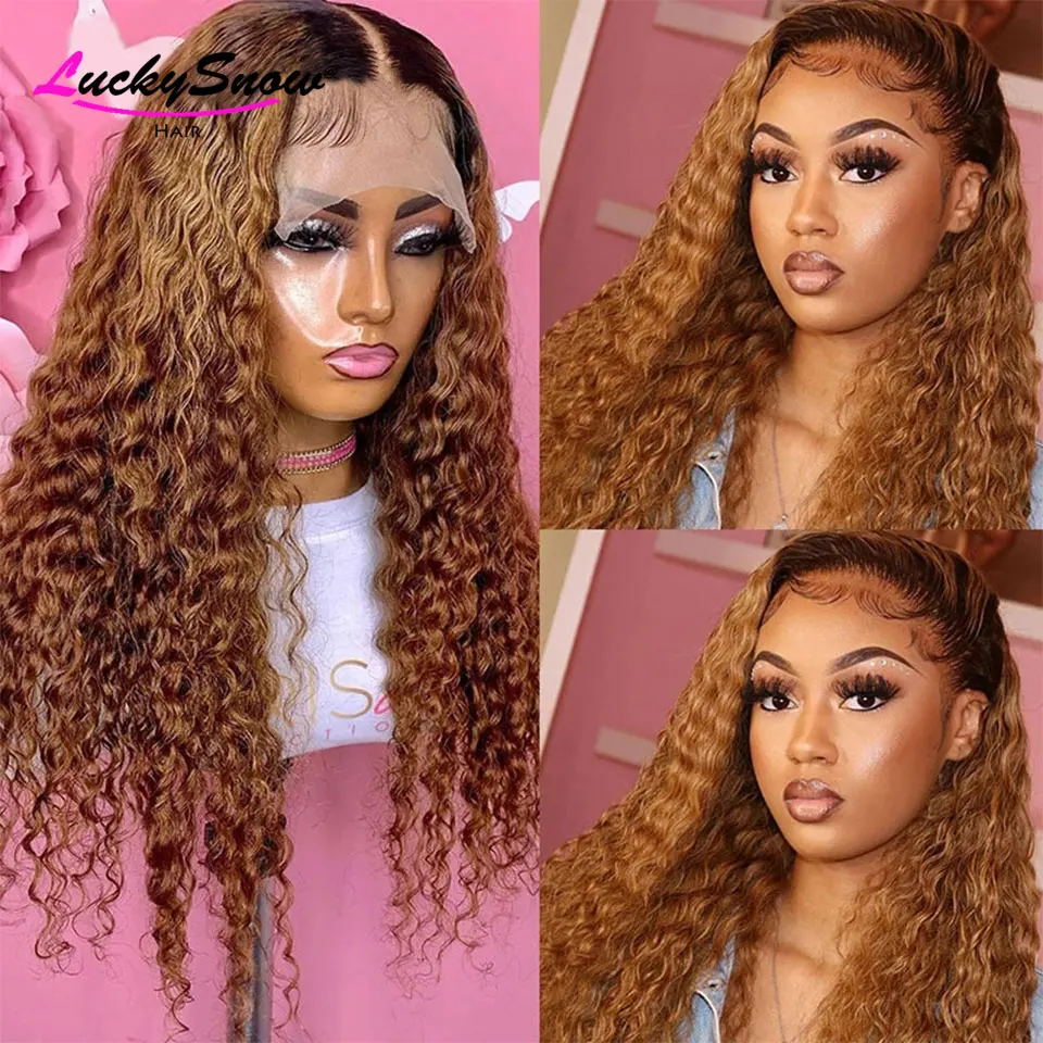

250 Density Deep Curly Lace Front Human Hair Wigs For Black Women Pre Plucked Brazilian Remy T1b/27 Ombre Colored Lace Front Wig