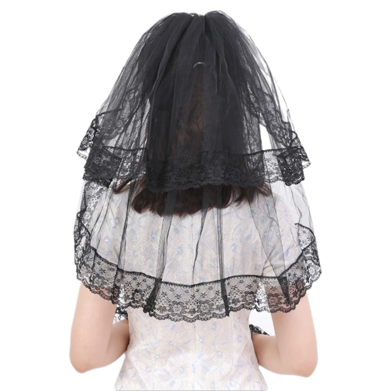 

41XC свадебная фата с гребнем, легко носить, 2-уровневая черная короткая Тюлевая кружевная кромка
