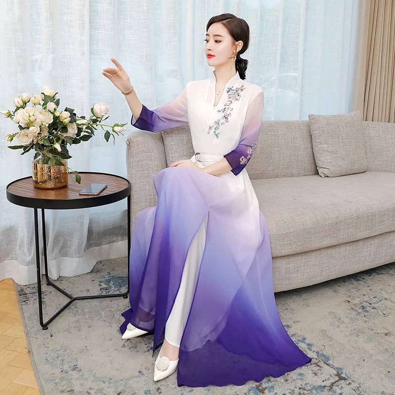 Summer Modern Cheongsam Women Ao Dai robe Chinese Long Qipao Party Dress Vintage Elegant oriental gown