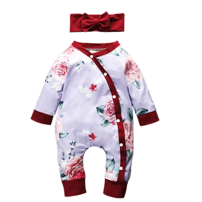 

Baby Boy Girl Rompers Long Sleeve Hair Band 2 Pcs Single Breasted Round Neck Floral Print Jumpsuit Spring And Autumn