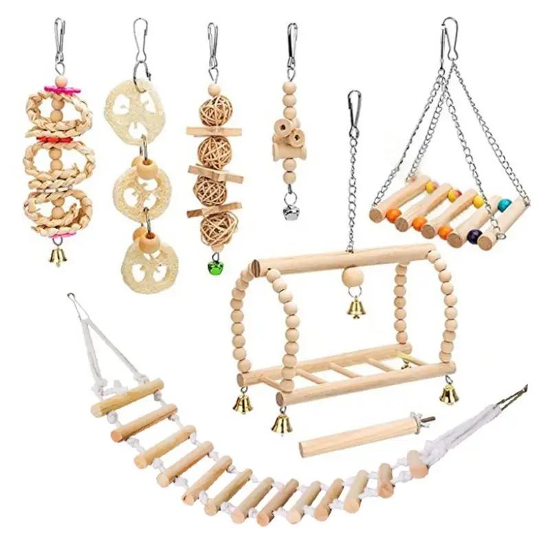 

8 Pcs/Set Birds Parrot Natural Wooden Chewing Toys Climbing Hanging Swing with Bells Hammock Ladder Standing Perch Cage