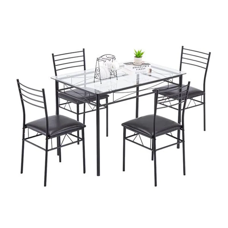 

Modern Minimalist Iron Glass Dining Table Set 4 PU Cushion Chairs Home Kitchen Dining Table and Chairs Furniture 110x70 x 76 cm