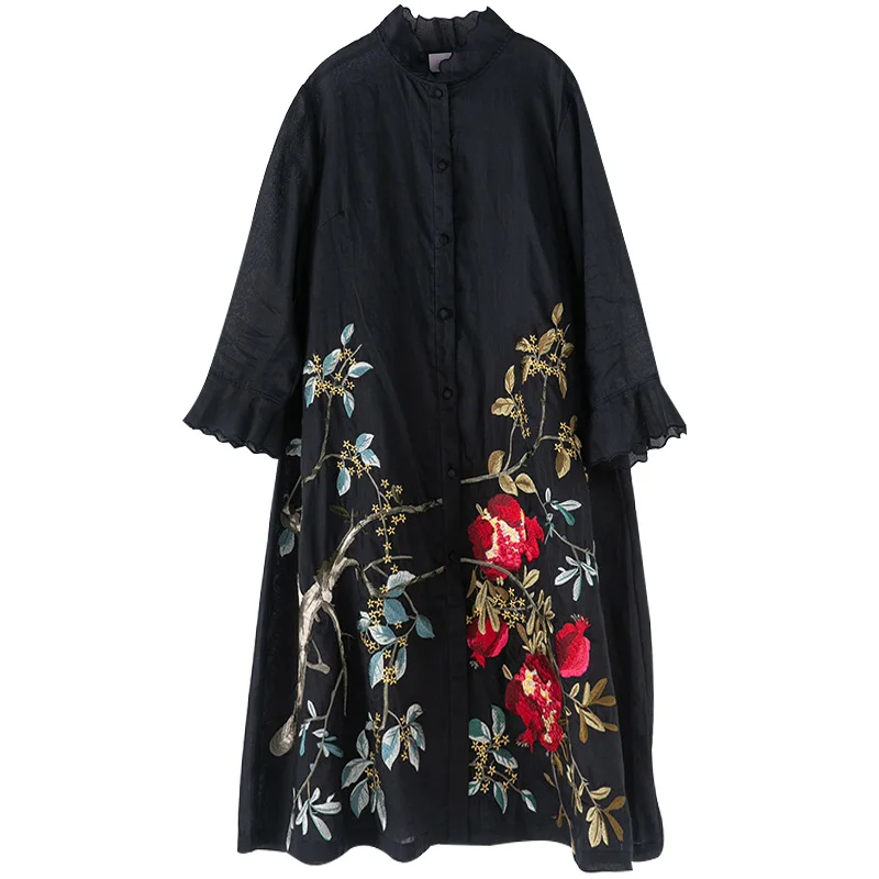 

Summer New Chinese Style Elegant Loose Ruffle Sleeves Tops Single-Breasted Big Flower Embroidery Open Coat M-3XL