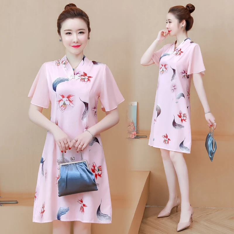 

Розовый Qipao размера плюс для женщин модные 2021 летом с коротким рукавом Цветочный принт V образным вырезом «Гладиатор» с ремешками Элегантны...