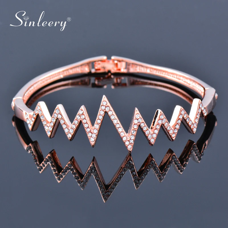 

SINLEERY UNique Lightning Shaped Crystal Bangle For Women Rose Gold Silver Color Wedding Bracelets Fashion Jewelry SL488 SSF