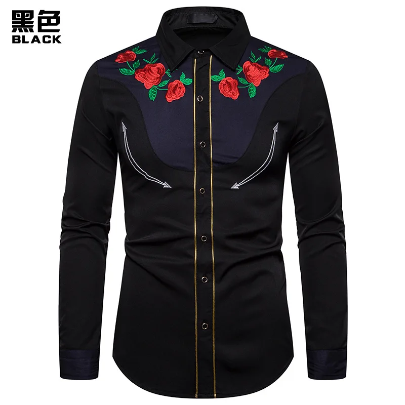 black Мужская рубашка Camisa Masculina, модная, стильная, с вышивкой, рубашка с длинными рукавами с вышитыми розами в американском западном стиле - Цвет: black