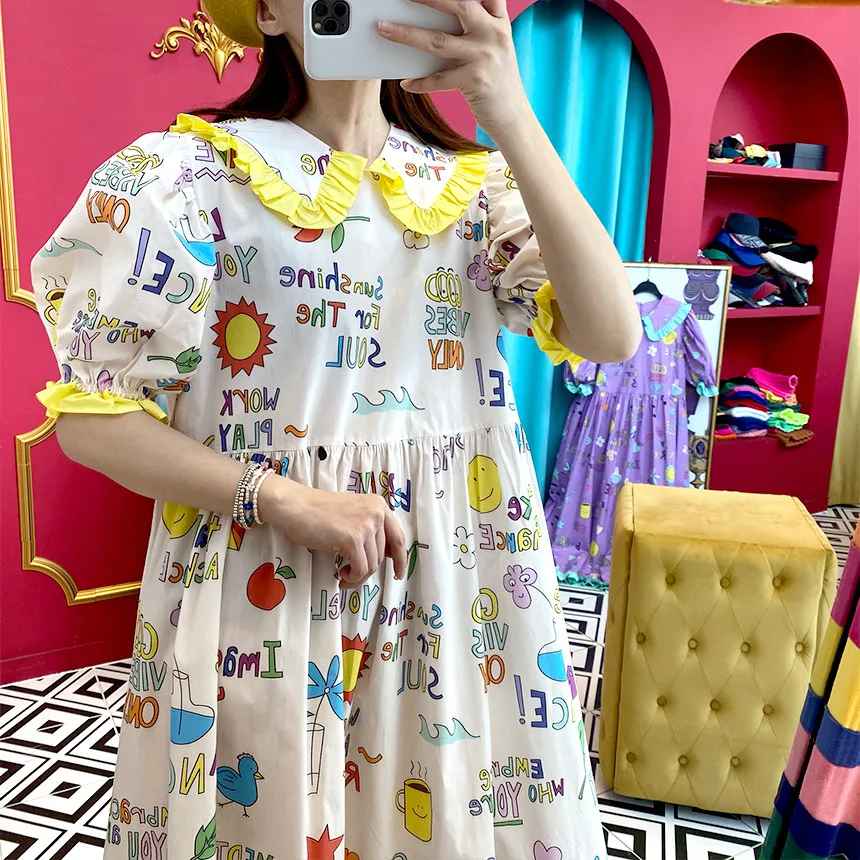 

Fashion women's cartoon print pleated ruffle dress new lapel short sleeve loose fashion trendy casual spring and summer dress