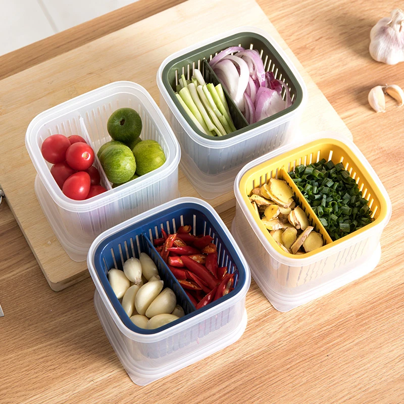 

4 Colors Fridge Fresh-keeping Storage Box Multifunction Sealed Vegetable Fruit Preserved Case Kitchen Sealed Drain Basket Sale