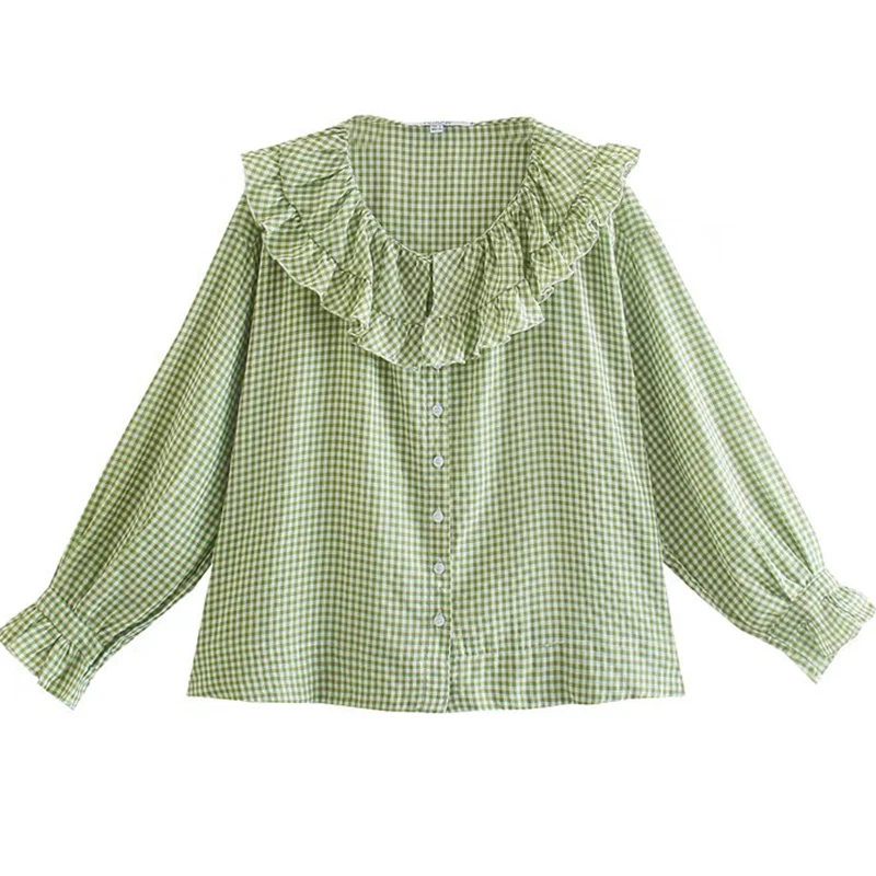 

YENKYE Fashion Women Vintage Oversize Plaid Blouse Femme Sweet Ruffle Long Sleeve Casual Autumn Tops Ladies Blusas