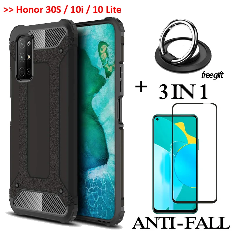 

3-in-1 película,Glass + Armor Case Huawei Honor 30 s Hard Silicone Case honor10 i 10lite Full Cover honor30 5g Metal Ring Case