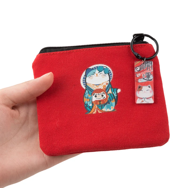 Japanese Lucky Cat Canvas Keychain Maneki Neko Trinkets Pendant Good Luck Fortune Wealth Students Coin Bag Ladies Small Wallet