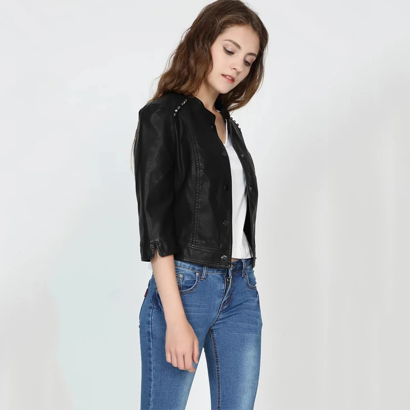 Куртка женская из искусственной кожи с заклепками на осень/зиму|Кожаные куртки| |