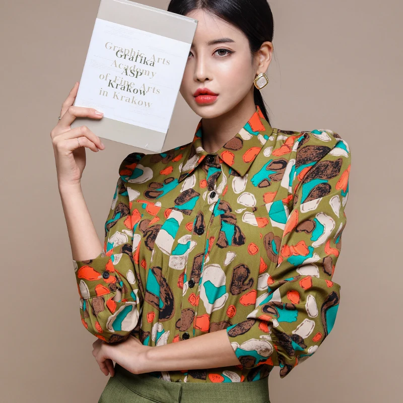 Женские винтажные рубашки с отложным воротником и длинными рукавами Офисная