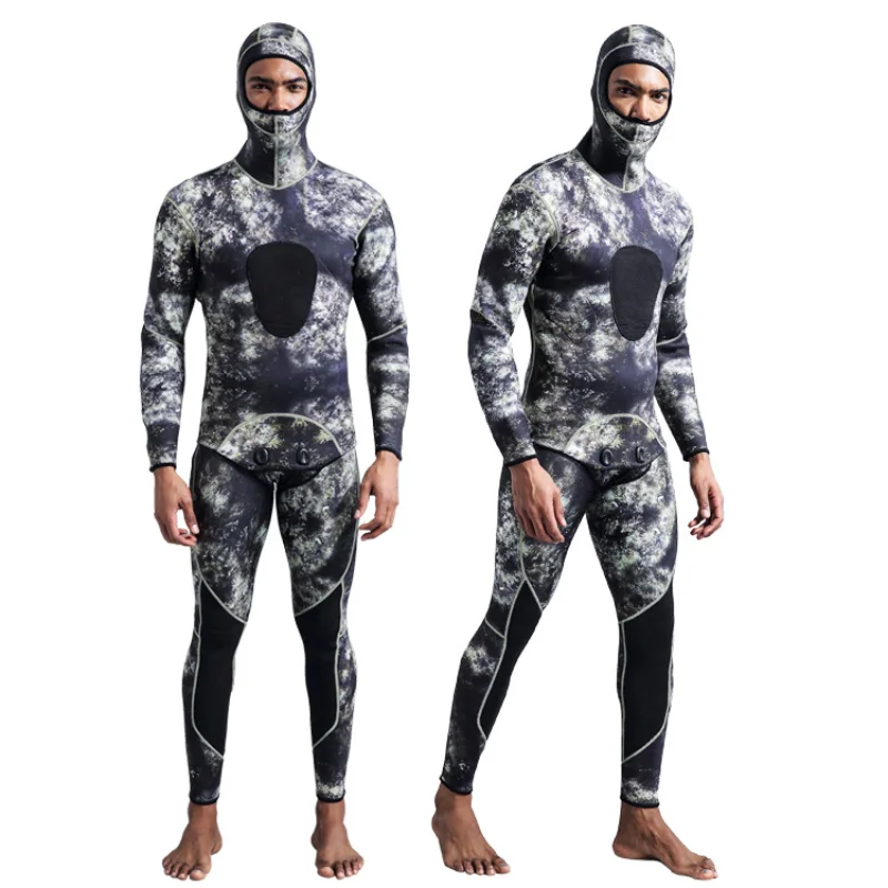 

3mm Swim Wetsuits Camouflage Long Sleeve Fission Hooded 2 Pieces of Neoprene Submersible Suit for Men Keep Warm Diving Suit