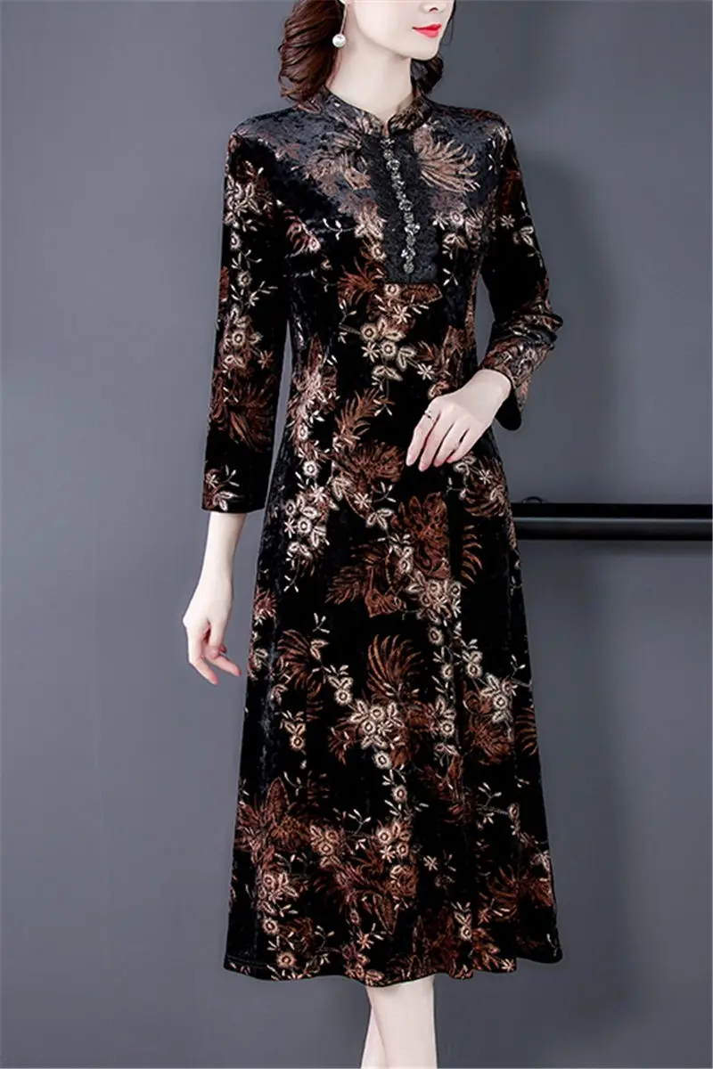 

Large Size Gold Velvet Retro Improved Cheongsam Dress New Slim Spring Autumn Dress Over The Knee Long Qipao Female Vestidos M207
