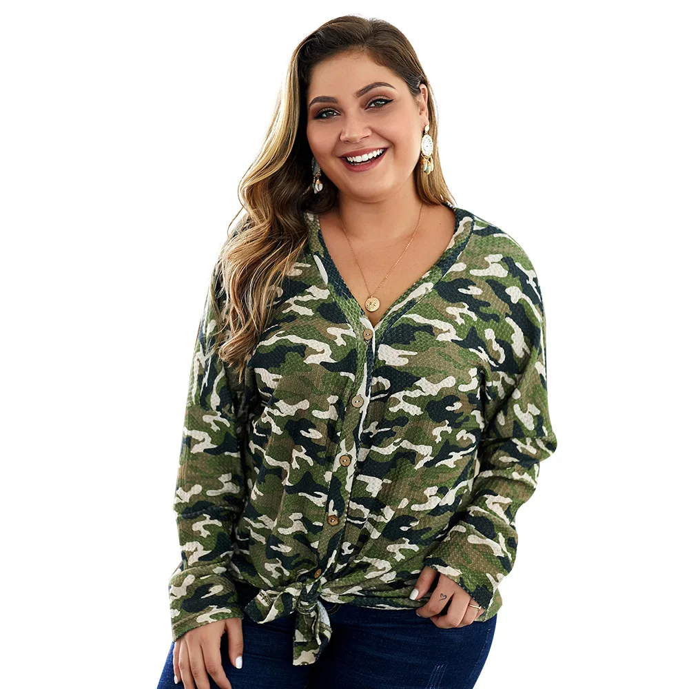 WHZHM Camouflage Clothing Bow Cardigans Femme Plus Size 3XL 4XL Single Breasted Loose Long Sleeve Casual V-Neck Sweater Women |