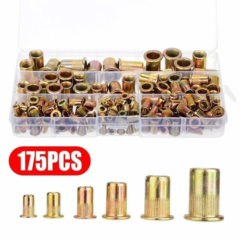 

175PCS Assorted In M3 M4 M5 M6 M8 M10 Metric Rivet Nut Kit Carbon Steel Flat Head Threaded Insert Nuts Cap Rivet