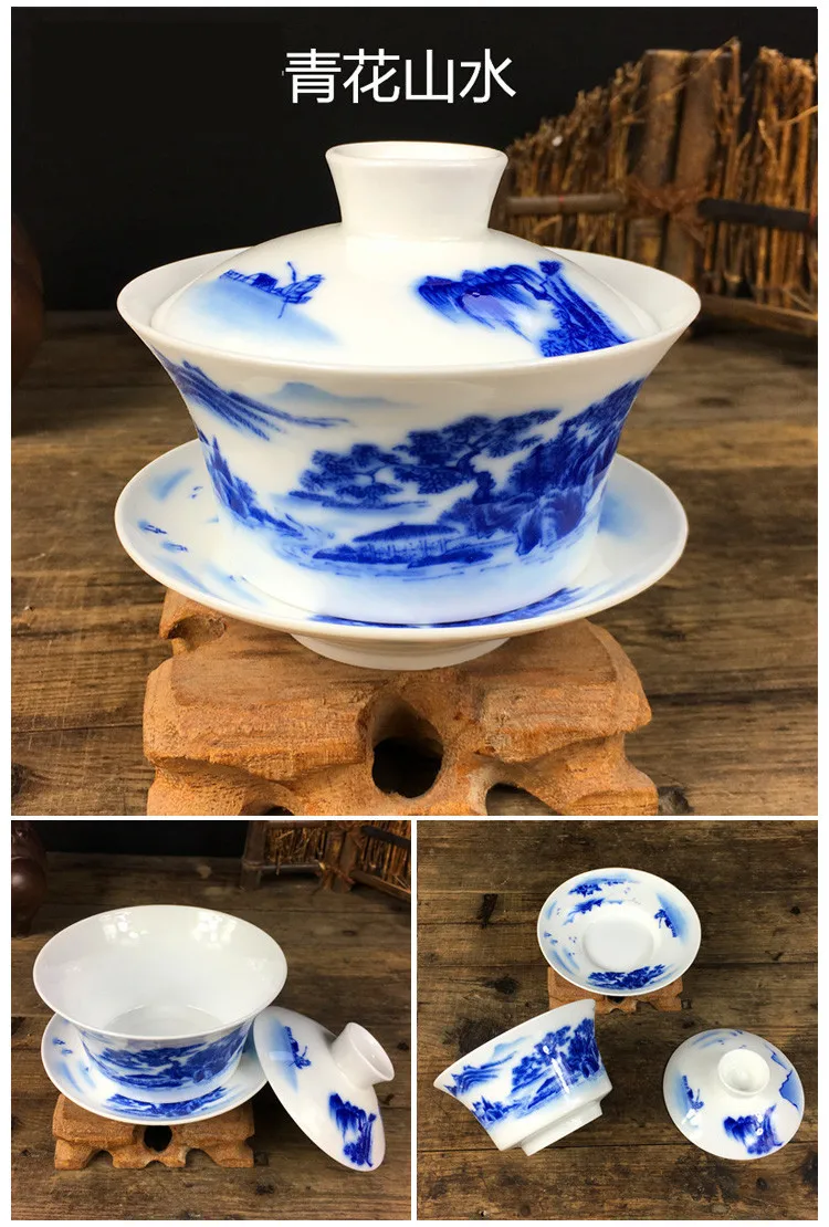 Фарфоровая чаша Gaiwan Jingdezhen, 200 мл, покрытая синим и белым фарфором, миска Sancai, набор китайских чайных чашек и блюдца, чайная супница
