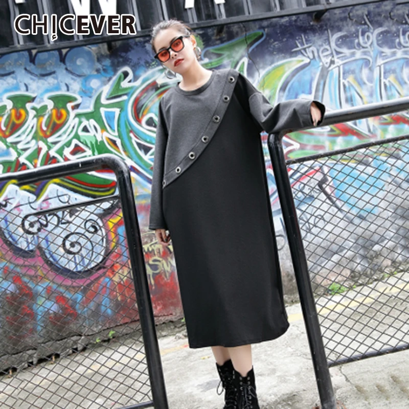 CHICEVER винтажное лоскутное популярное цветное платье для женщин с круглым вырезом