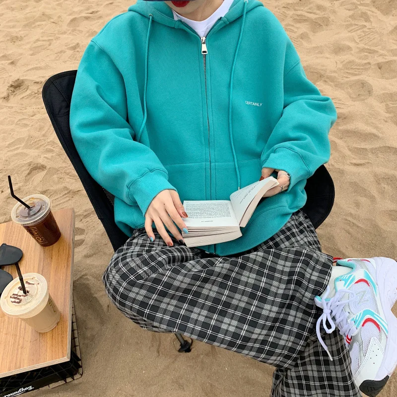 

2021 zip-up Women Korean Style hoodies Vintage Solid Color Long Sleeve Oversized Hooded Sweatshirt Lady Women Casual Large Coats