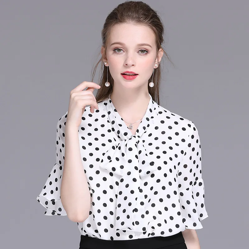 

Shirt 2020 summer new temperament light mature wind ribbon wave point show thin chiffon shirt versatile top