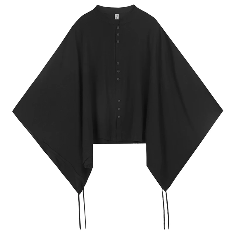 

LANMREM Women's New T--shirt Stand Collar Drawstring Batwing Sleeve Temperament Loose Fit Black Series Summer 2021 2P3194