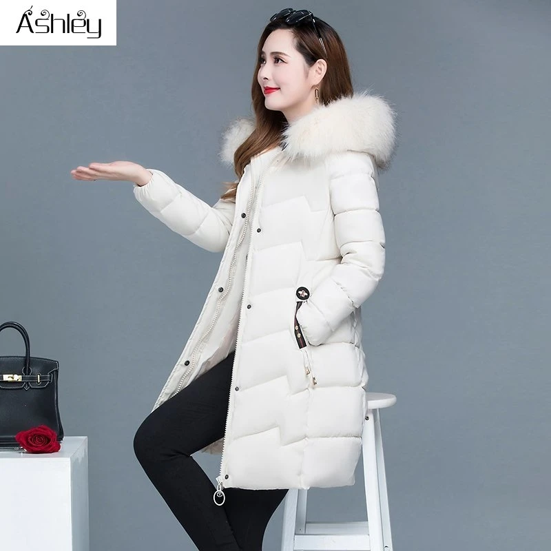 

Ashley Warm elegant fur collar women coat jacket Casual new design pocket parka Fashion navy female winter windproof jacket2020