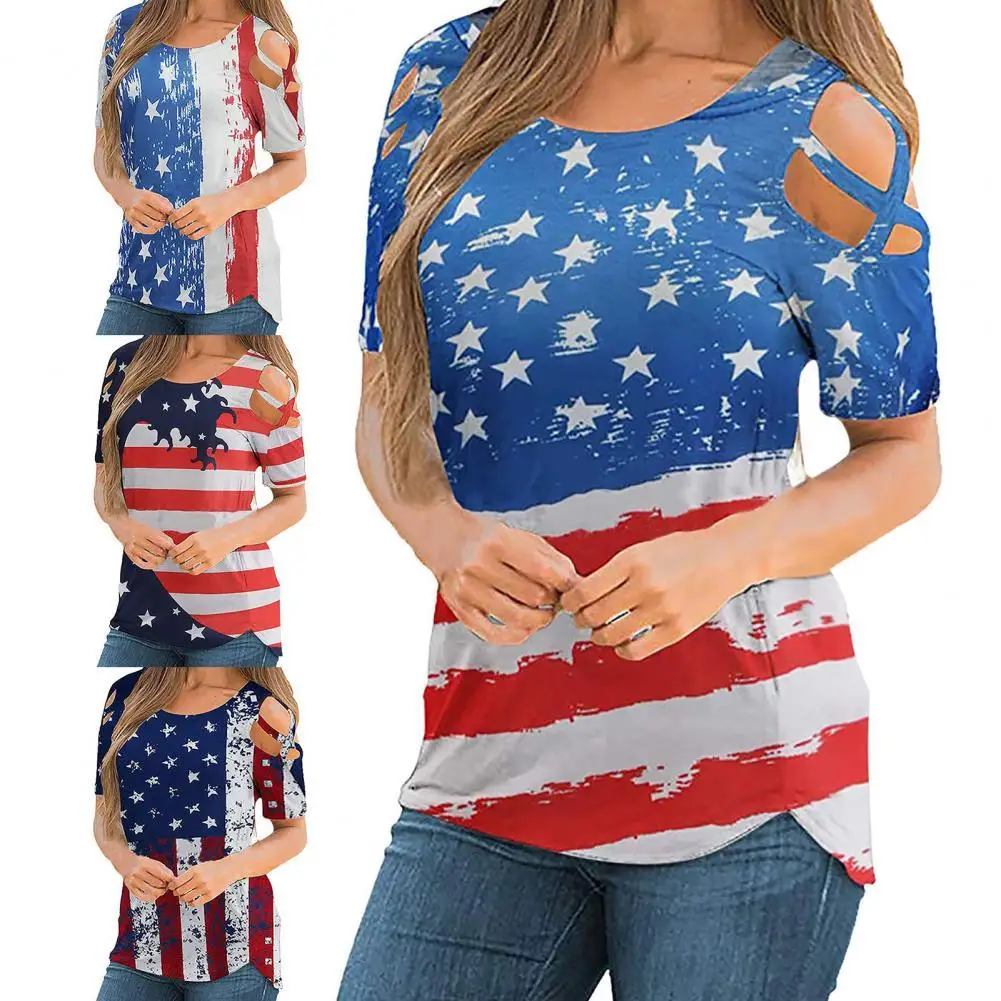 

Casual T-shirt Women American Flag Print Short Sleeve Blouse Star Stripe O Neck Patriotic Top T-shirt for Independence Day