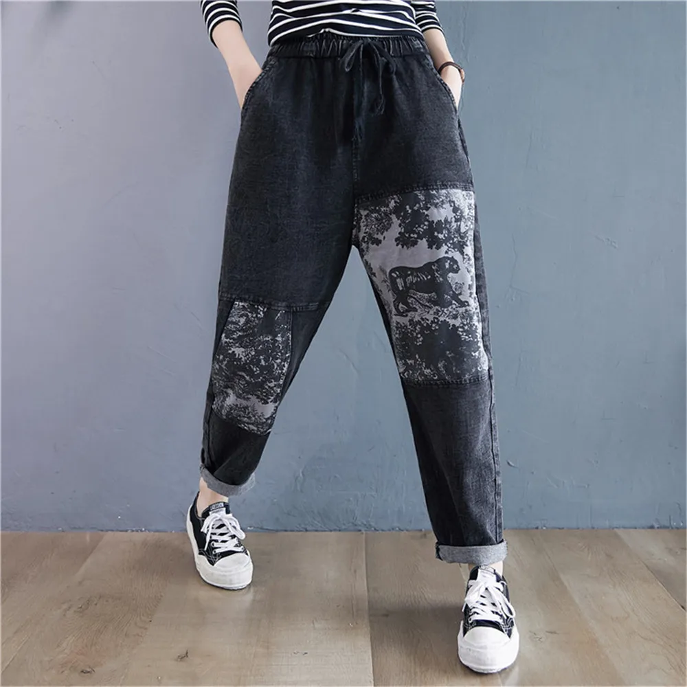 

Women High Waist Jeans Retro Printed Patchwork Loose Harem Pants Casual Elastic Trousers Female High Street Denim Pant Plus Size