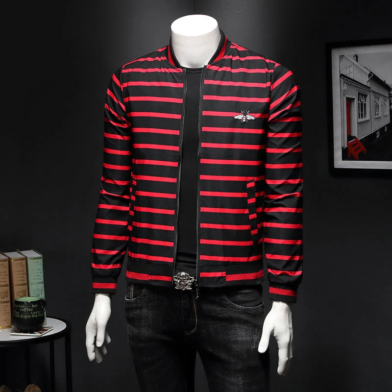 

Striped Bee Embroidery Jacket Men Coat Large Stand Collar Mens Jackets Luxury Print Slim Mens Jackets Coats 5xl Party Jacket Men
