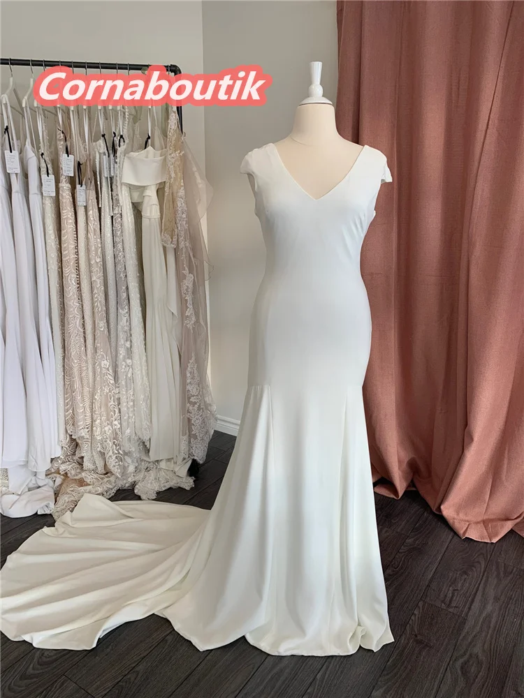 

Fitted Wedding Dress COR-204 Simple Stretch Crepe Bridal Gown Open Cowl Back Robe De Mariage Casamento Capped Sleeves V Neck