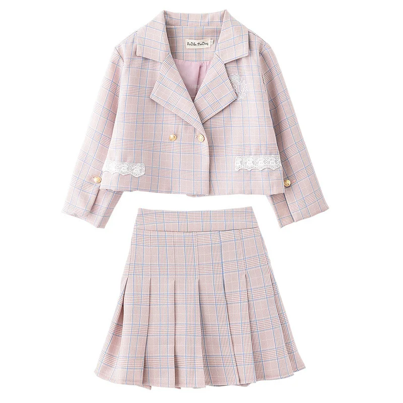 

Children Girls Clothing Set Spring Summer Teenage Girls Suits Plaid Jacket Skirt School Kids Tracksuit for Girls Formal Clothes