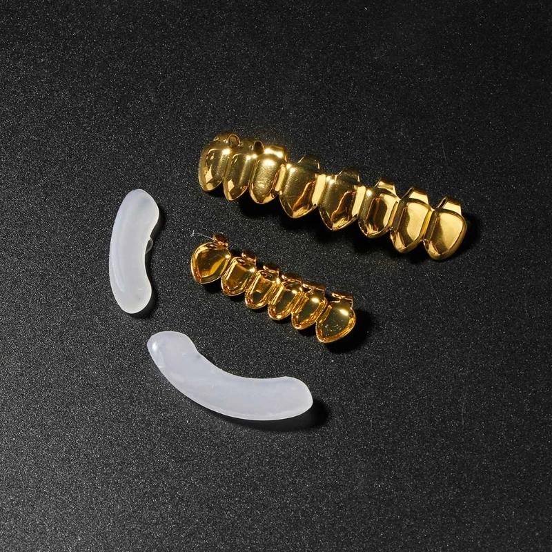 

N58F Gold-plated 8 Top Teeth 6 Bottom Teeth Hip-hop Gold Braces and Big Gold Chain Jewelry Set Suit for Men and Women