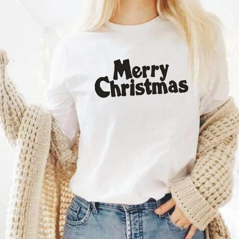 

Футболка с надписью Merry Christmas, женские топы, повседневные хлопковые футболки в стиле Харадзюку, Рождественская одежда, футболки с круглым вы...