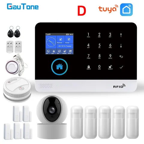 Система сигнализации GauTone PG103 Tuya, беспроводная система домашней безопасности с Wi-Fi, IP-камерой, детектором дыма, RFID-картой и рукояткой