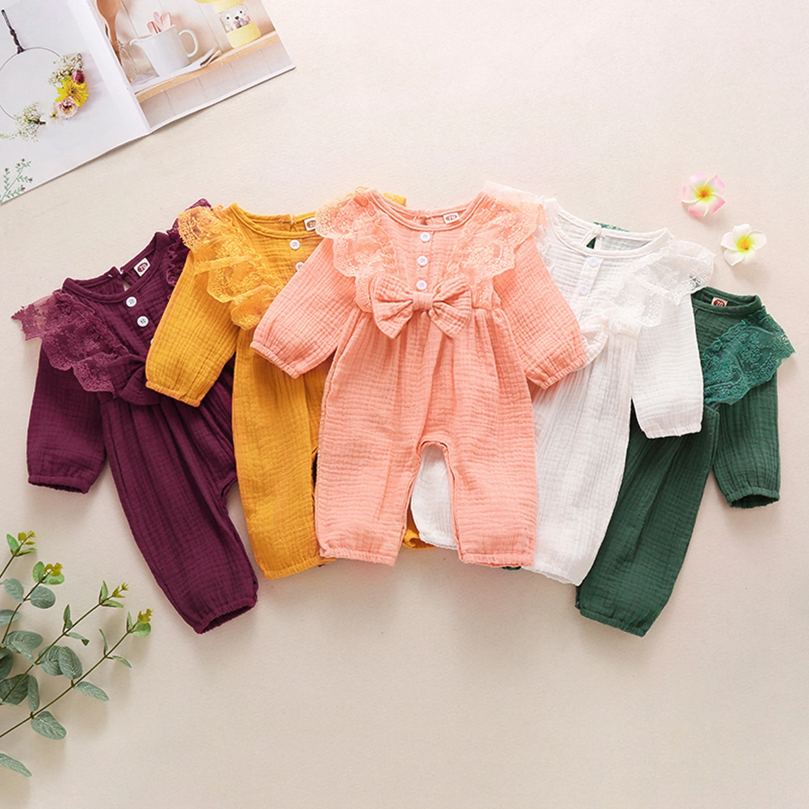 

BY Baby Girls Long Sleeve Lace Jumpsuit Cute Bowknot Solid Color Romper for Kids Girls