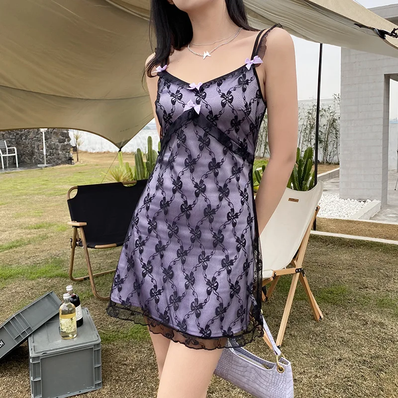 

Women Sexy V Neck Lace Mesh See Through Bow Sleeveless Backless Spaghetti Strap Mini Dress Harajuku Chic Ins High Street Dress L