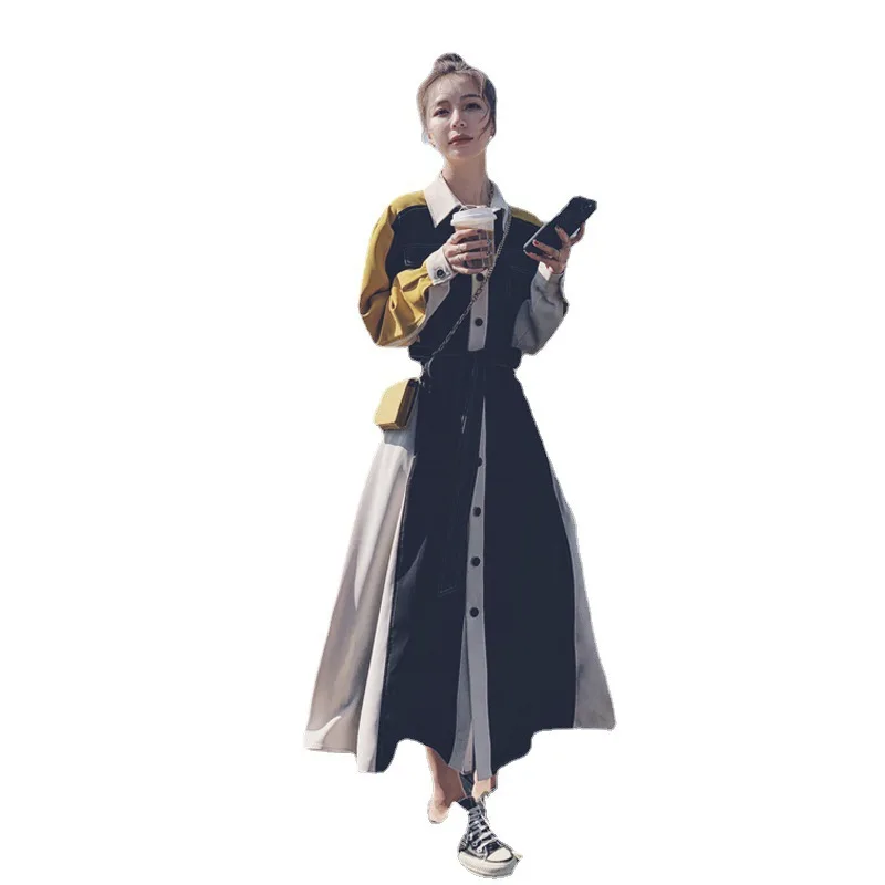 

Long Sleeve Shirt Dress 2021 Spring Frence style Retro Office Ladies Single-breasted hit color Party Dress Vestidos