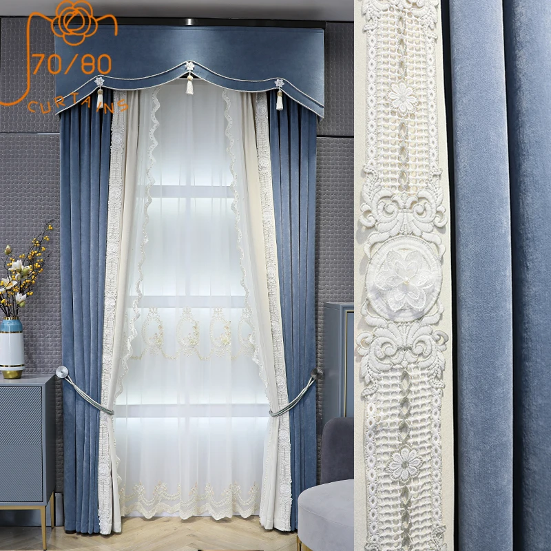Light Luxury Cashmere Chenille Lace Stitching Blackout Curtains for Living Room and Bedroom Customized Products