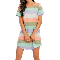 2021 womens pajamas round neck soft night a style dress short sleeve stripes contrast rainbow nightgown ladies sleepshirts