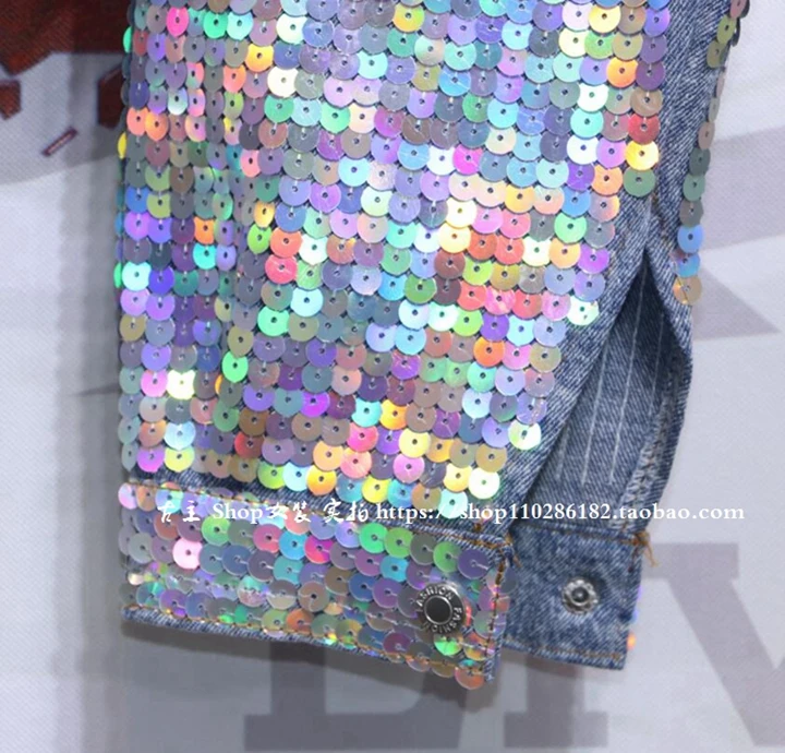 

New Spring and Autumn Women's Short Denim Coat Female Colorful Sequins Long Sleeve Jeans Jacket Students Loose Coats
