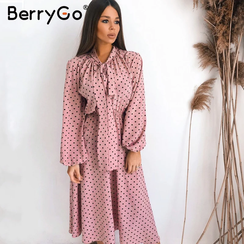 BerryGo, элегантное платье макси в горошек, женское, свободное, праздничное, для девушек, шикарное, с бантом, Платья для вечеринок, Осень-зима, рукав-фонарик, женское платье