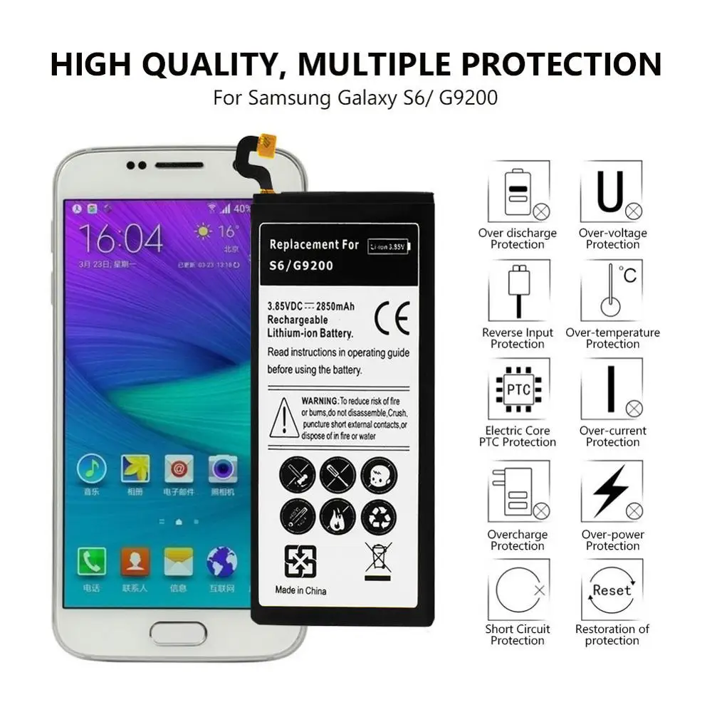 Универсальный аккумулятор 3 85 В 2850 мАч для Samsung Galaxy S6 G9200 G920F G920I G925S G9209 G920A SM