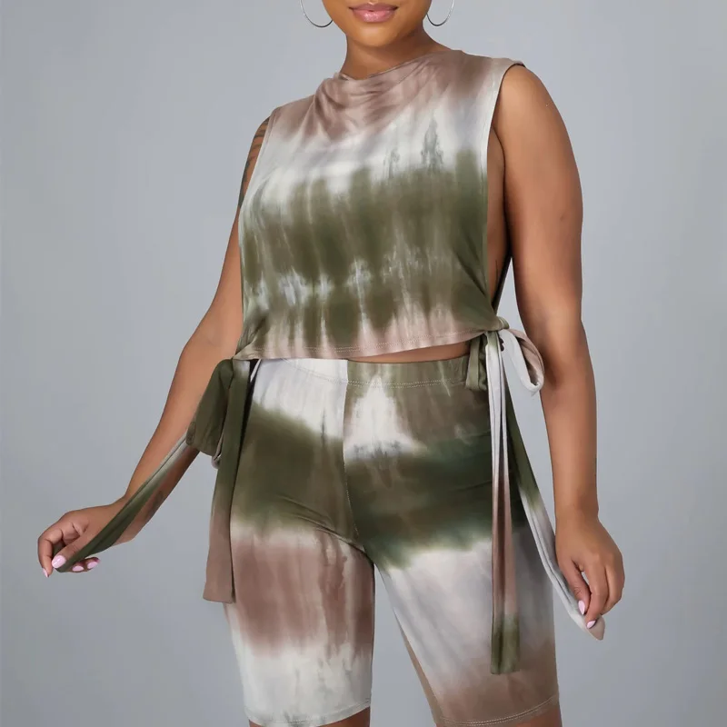 

New Fashion Tie Dye Sport Suits Sweatsuit Women Casual 2 Pieces Tracksuit Fashion Hollow Out T-Shirt+Biker Shorts Set